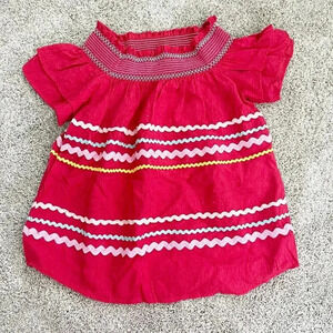 Vici Dolls Women's Zigzag Smocked Neck Short Sleeve Ruffle Blouse Top Red Small